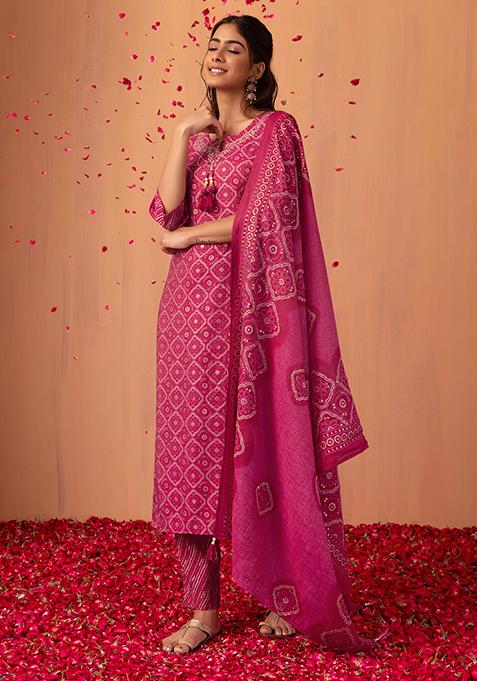 Pink Bandhani Print Embroidered Muslin Kurta With Pants And Dupatta (Set of 3)