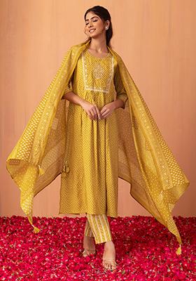 Yellow Leaf Print Muslin A-Line Kurta With Pants And Dupatta (Set of 3)