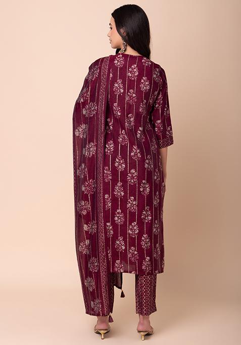 Women Muslin Maroon Floral Print Kurta Trouser Dupatta