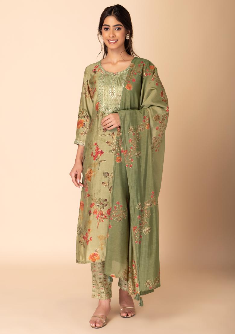 Green Floral Print Muslin Kurta With Printed Pants And Dupatta (Set of 3)