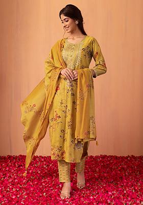Mustard Floral Print Muslin Kurta With Printed Pants And Dupatta (Set of 3)