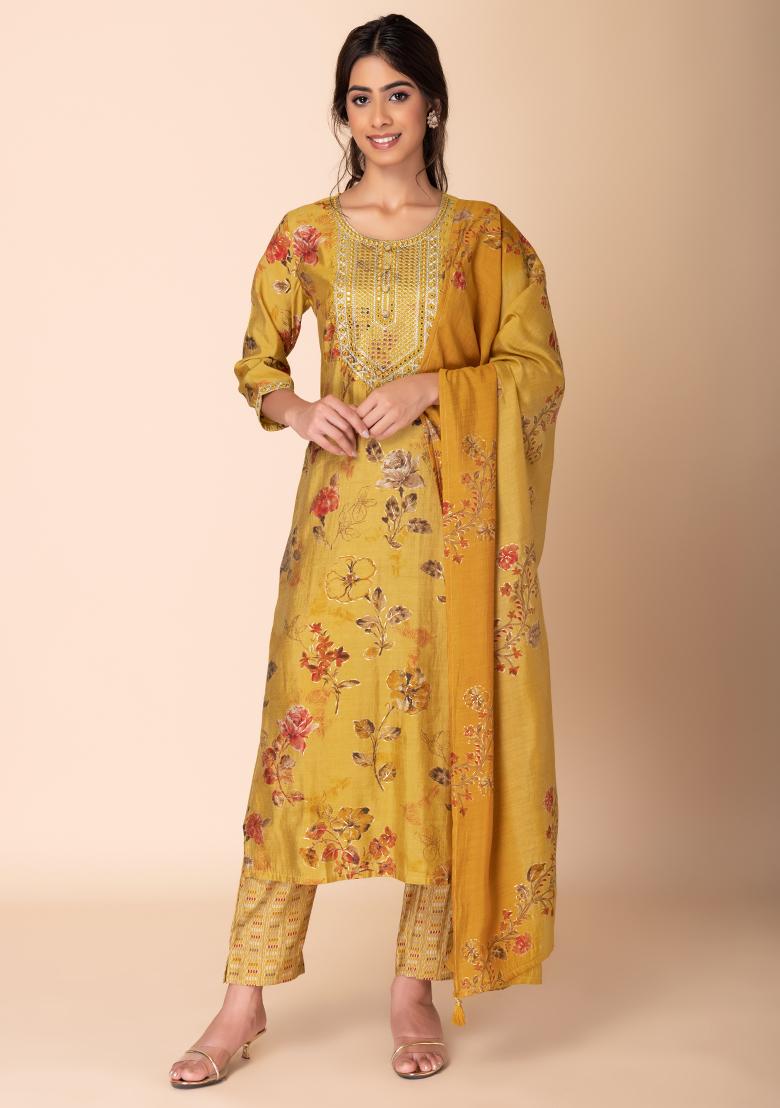 Mustard Floral Print Muslin Kurta With Printed Pants And Dupatta (Set of 3)