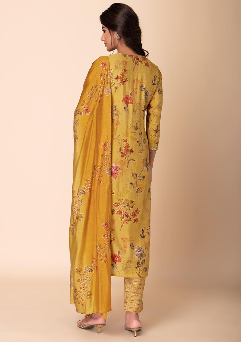 Mustard Floral Print Muslin Kurta With Printed Pants And Dupatta (Set of 3)