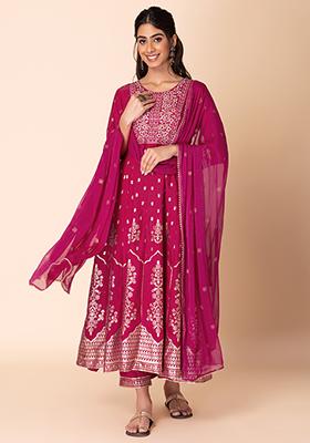 Pink Mughal Foil Print Kurta With Pants And Dupatta (Set of 3)