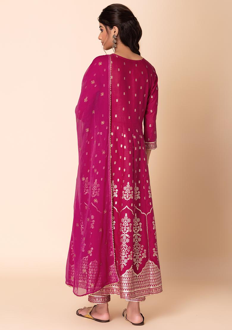 Pink Mughal Foil Print Kurta With Pants And Dupatta (Set of 3)