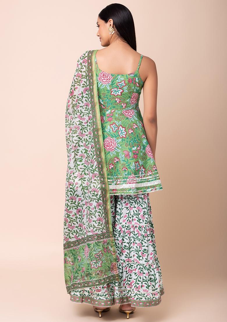 Pastel Green Floral Print Cotton Sharara With Short Kurta And Dupatta (Set of 3)