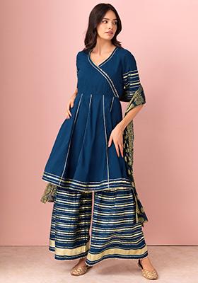 Blue Gota Lace Cotton Sharara With Short Kurta And Dupatta (Set of 3)