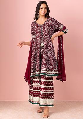 Maroon Floral Print Cotton Sharara With Kurta And Dupatta (Set of 3)