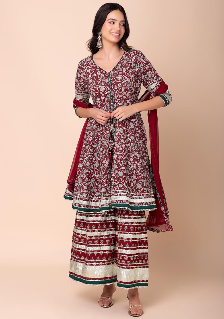 Maroon Floral Print Cotton Sharara With Kurta And Dupatta (Set of 3)