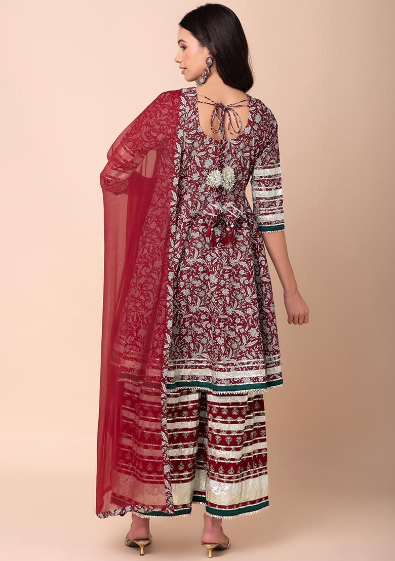 Maroon Floral Print Cotton Sharara With Kurta And Dupatta (Set of 3)