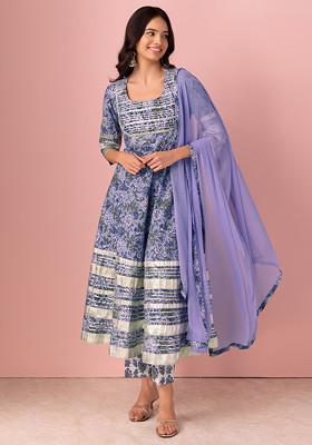 Purple Floral Jaal Print Cotton Anarkali Kurta With Pants And Dupatta (Set of 3)