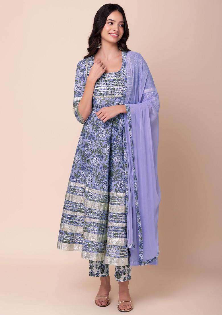 Purple Floral Jaal Print Cotton Anarkali Kurta With Pants And Dupatta (Set of 3)