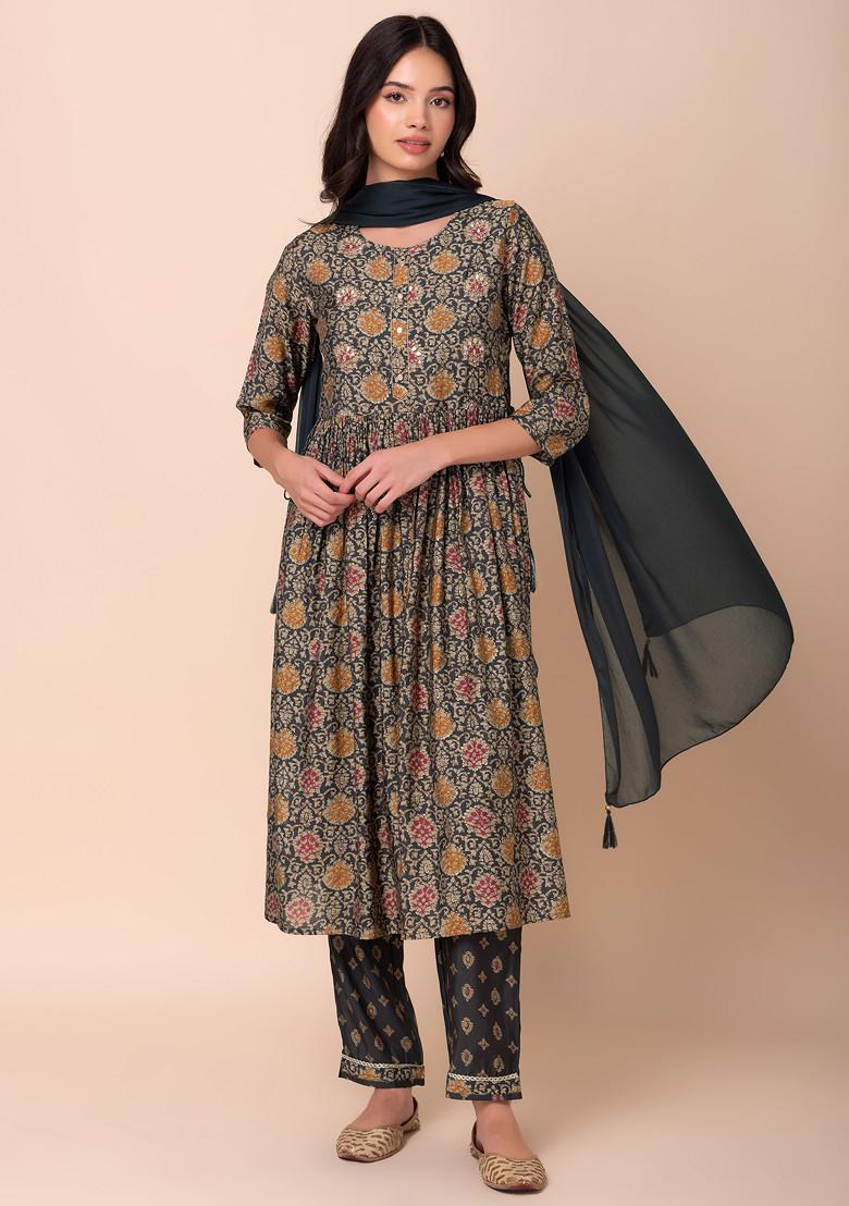 Brown Batik Print Muslin A-Line Kurta With Pants And Dupatta (Set of 3)