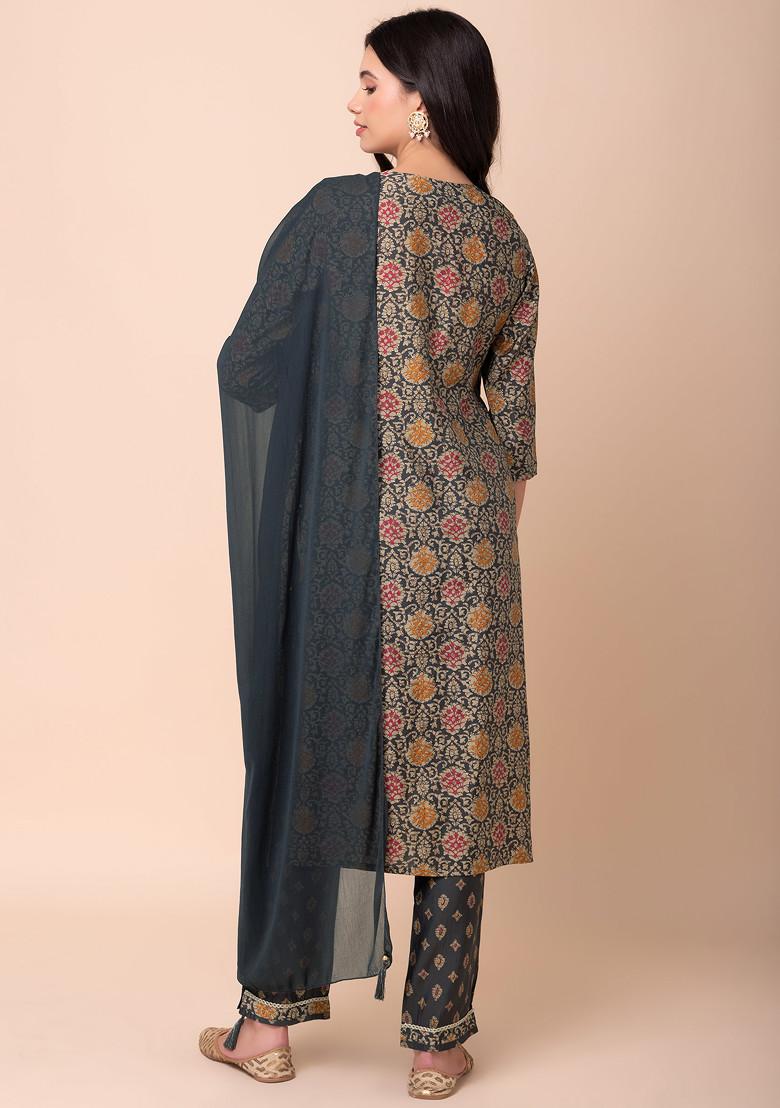 Brown Batik Print Muslin A-Line Kurta With Pants And Dupatta (Set of 3)