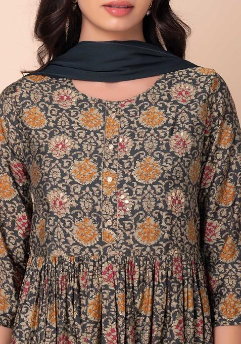 Buy Women Brown Batik Print Muslin A-Line Kurta With Pants And Dupatta ...