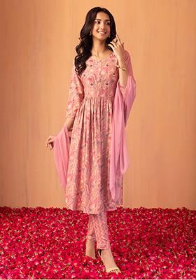 Light Pink Abstract Floral Print Muslin A-Line Kurta With Pants And Dupatta (Set of 3)