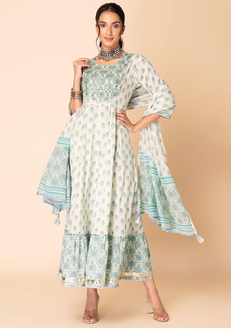 Long Sleeves Floral Printed Anarkali Kurta with Sharara Pants Set