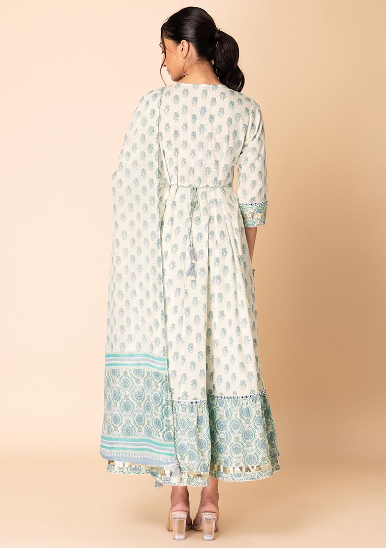 Anarkali Kurta Set with Resham embroidery and Ikat Print dupatta