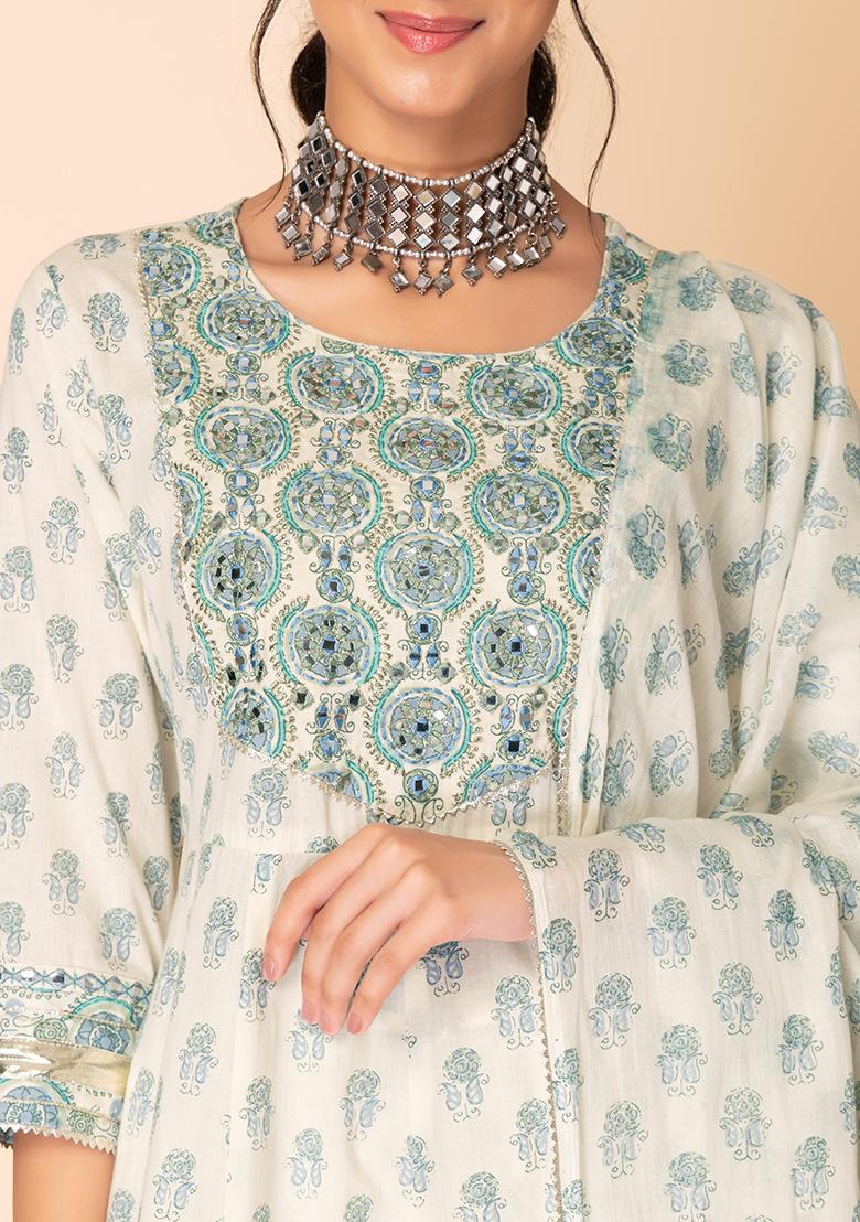 Women's Floral Grey Printed Anarkali Kurta Set with Dupatta