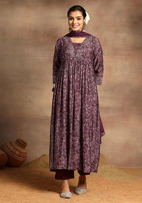 Purple Bandhani Print Muslin A-Line Kurta With Pants And Dupatta (Set of 3)