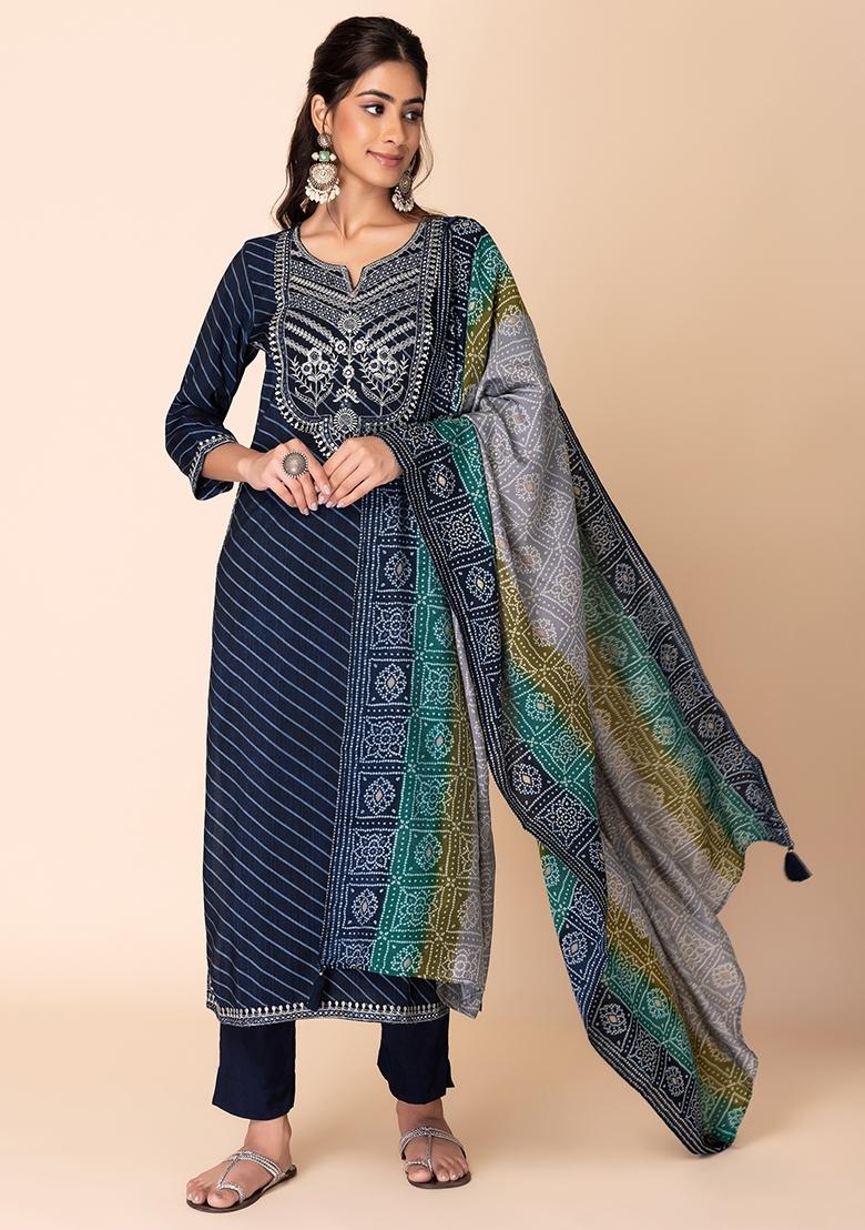 Blue Striped Embroidered Muslin Kurta With Pants And Dupatta (Set of 3)