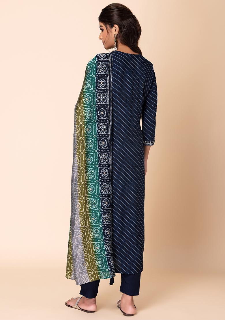 Blue Striped Embroidered Muslin Kurta With Pants And Dupatta (Set of 3)