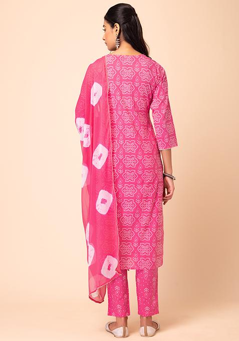 Buy Women Pink Jaal Print Cotton Kurta With Pants And Dupatta Set Of 3