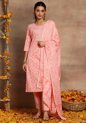 Peach Floral Boota Print Cotton Kurta With Pants And Dupatta (Set of 3)