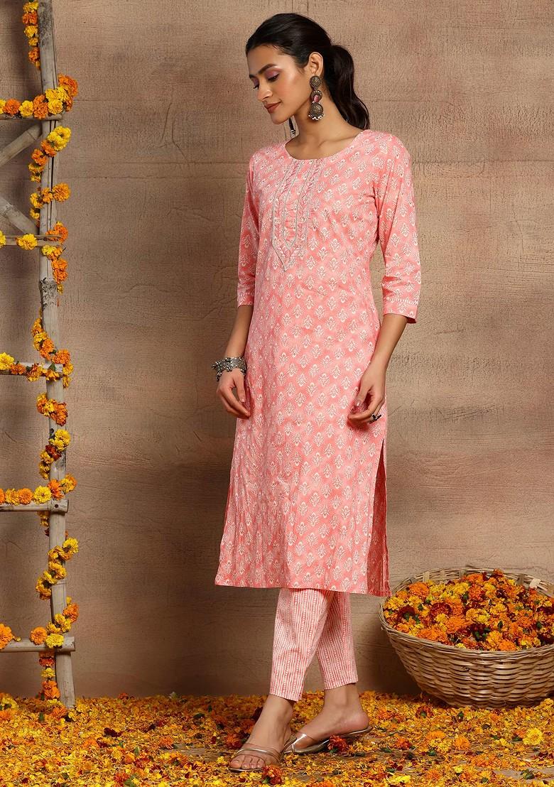 Peach Floral Boota Print Cotton Kurta With Pants And Dupatta (Set of 3)