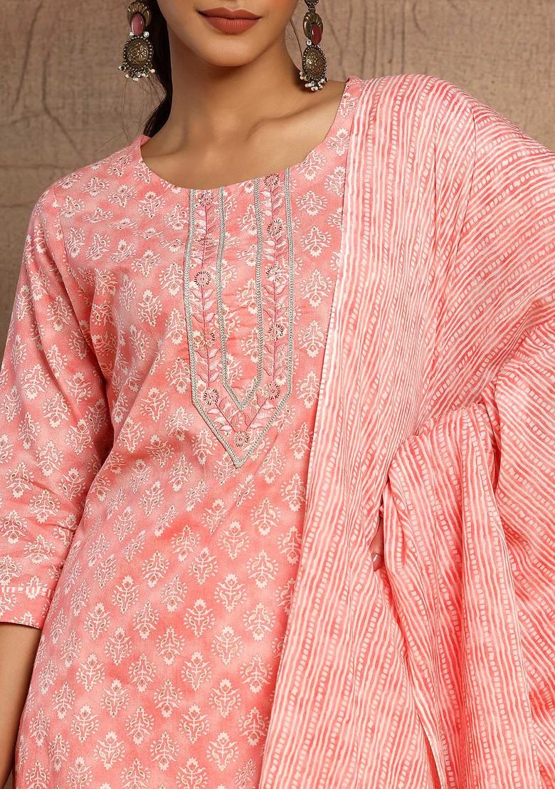 Peach Floral Boota Print Cotton Kurta With Pants And Dupatta (Set of 3)