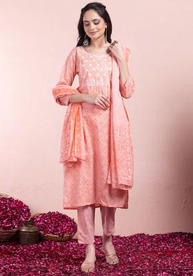 Peach Floral Print Cotton Kurta With Printed Pants And Dupatta (Set of 3)