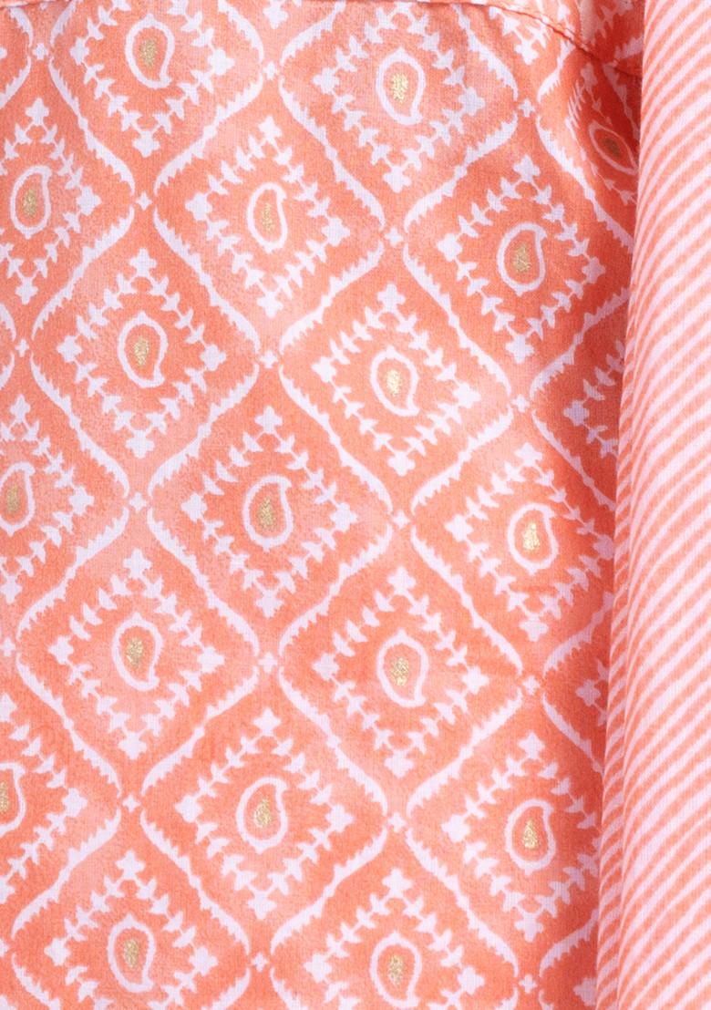 Peach Floral Print Cotton Kurta With Printed Pants And Dupatta (Set of 3)