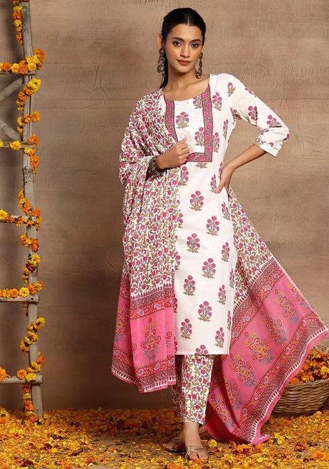 White And Pink Floral Boota Print Cotton Kurta With Pants And Dupatta (Set of 3)