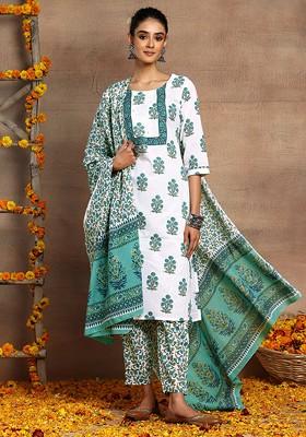 White And Turquoise Floral Boota Print Cotton Kurta With Pants And Dupatta (Set of 3)