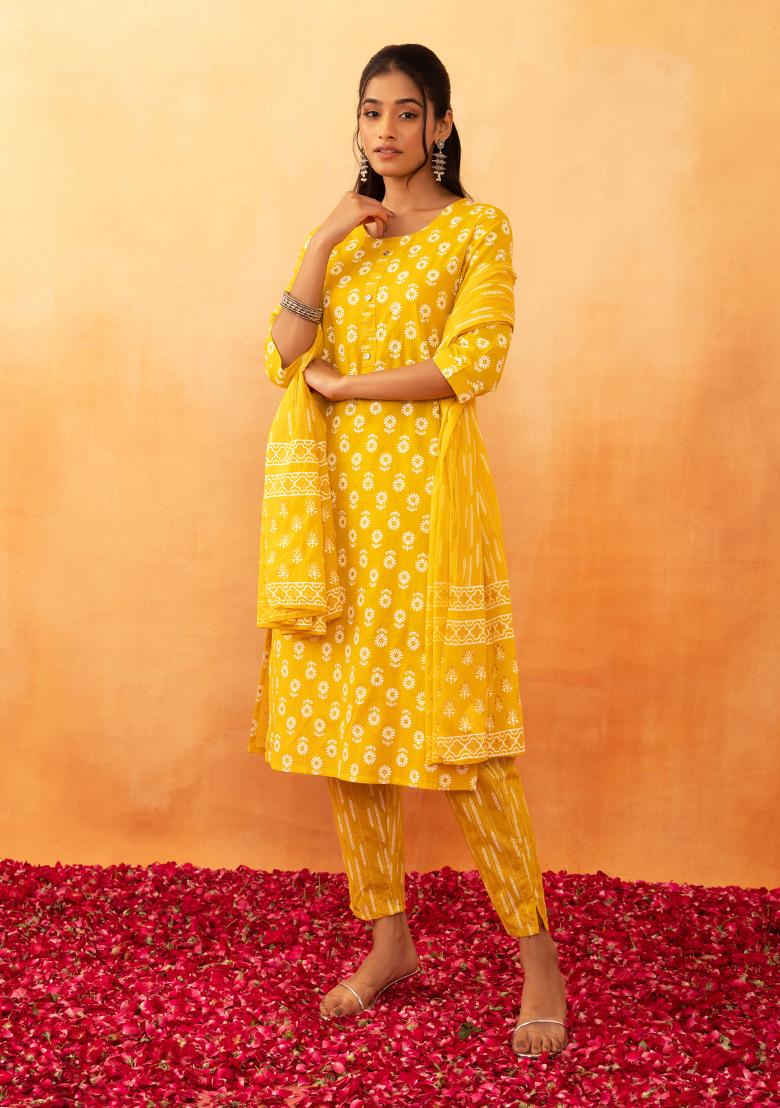 Indya Women's Yellow Mukaish Off Shoulder High Slit Kurta - Walmart.com
