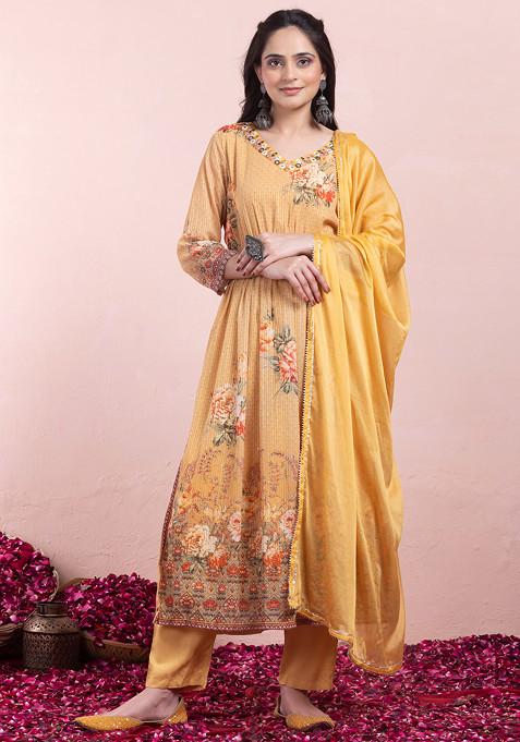 Mustard Yellow Floral Embroidered A-Line Kurta With Pants And Dupatta (Set of 3)