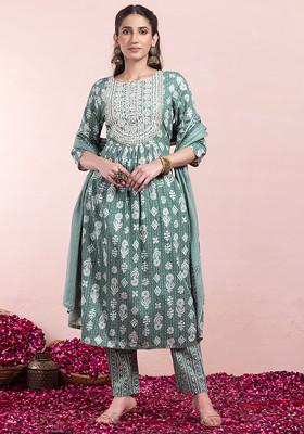 Sage Green Floral Batik Print Cotton A-Line Kurta With Pants And Dupatta (Set of 3)