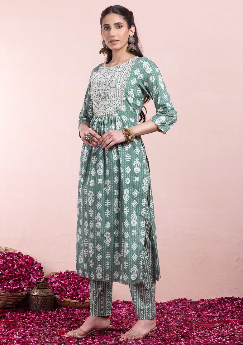 Sage Green Floral Batik Print Cotton A-Line Kurta With Pants And Dupatta (Set of 3)