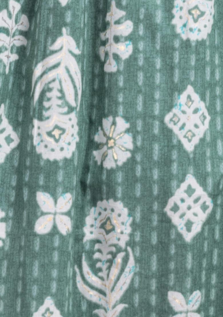 Sage Green Floral Batik Print Cotton A-Line Kurta With Pants And Dupatta (Set of 3)