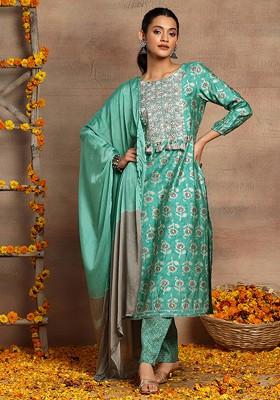Light Green Batik Print Muslin Kurta With Pants And Dupatta (Set of 3)