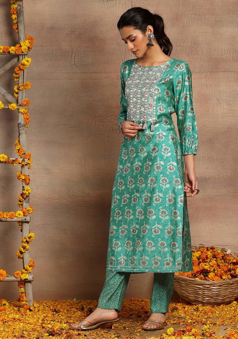 Light Green Batik Print Muslin Kurta With Pants And Dupatta (Set of 3)