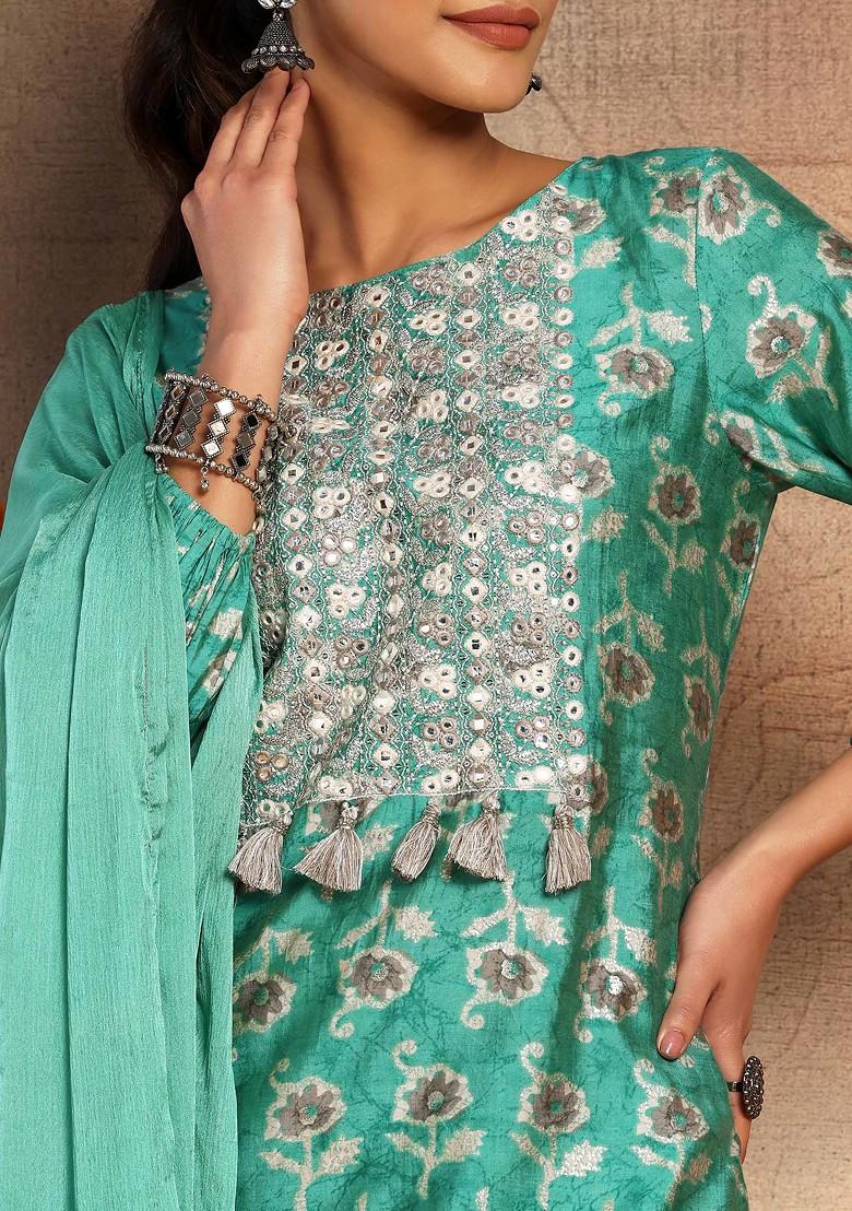 Light Green Batik Print Muslin Kurta With Pants And Dupatta (Set of 3)