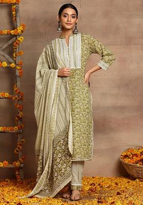 Yellow Mirror Embroidered Cotton Kurta With Pants And Dupatta (Set of 3)