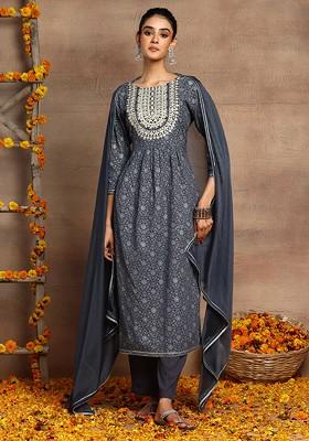 Dark Grey Floral Print Rayon Kurta With Pants And Dupatta (Set of 3)