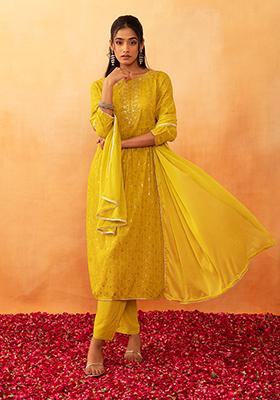 Mustard Yellow Embroidered Rayon Kurta With Pants And Dupatta (Set of 3)