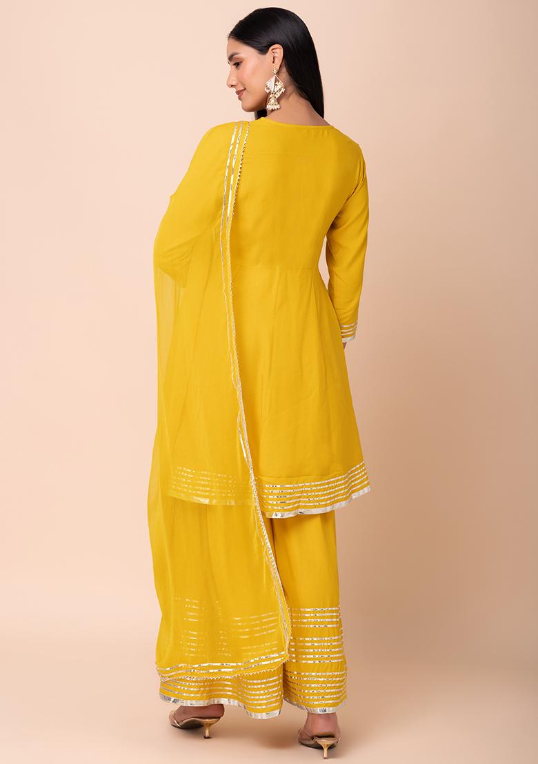 Yellow Gota Lace Sharara With Short Kurta And Dupatta (Set of 3)