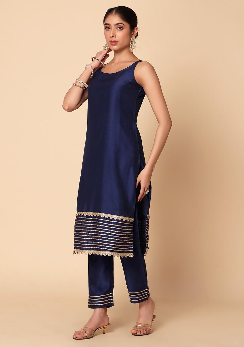 Blue Muslin Strappy Kurta With Pants And Dupatta (Set of 3)