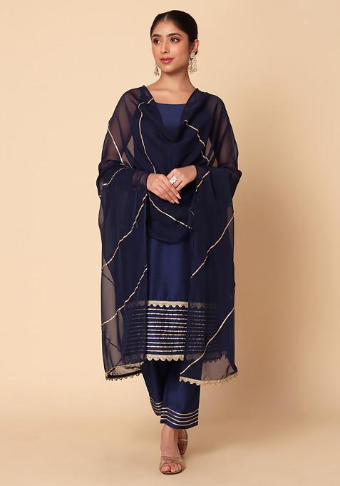 Blue Muslin Strappy Kurta With Pants And Dupatta (Set of 3)