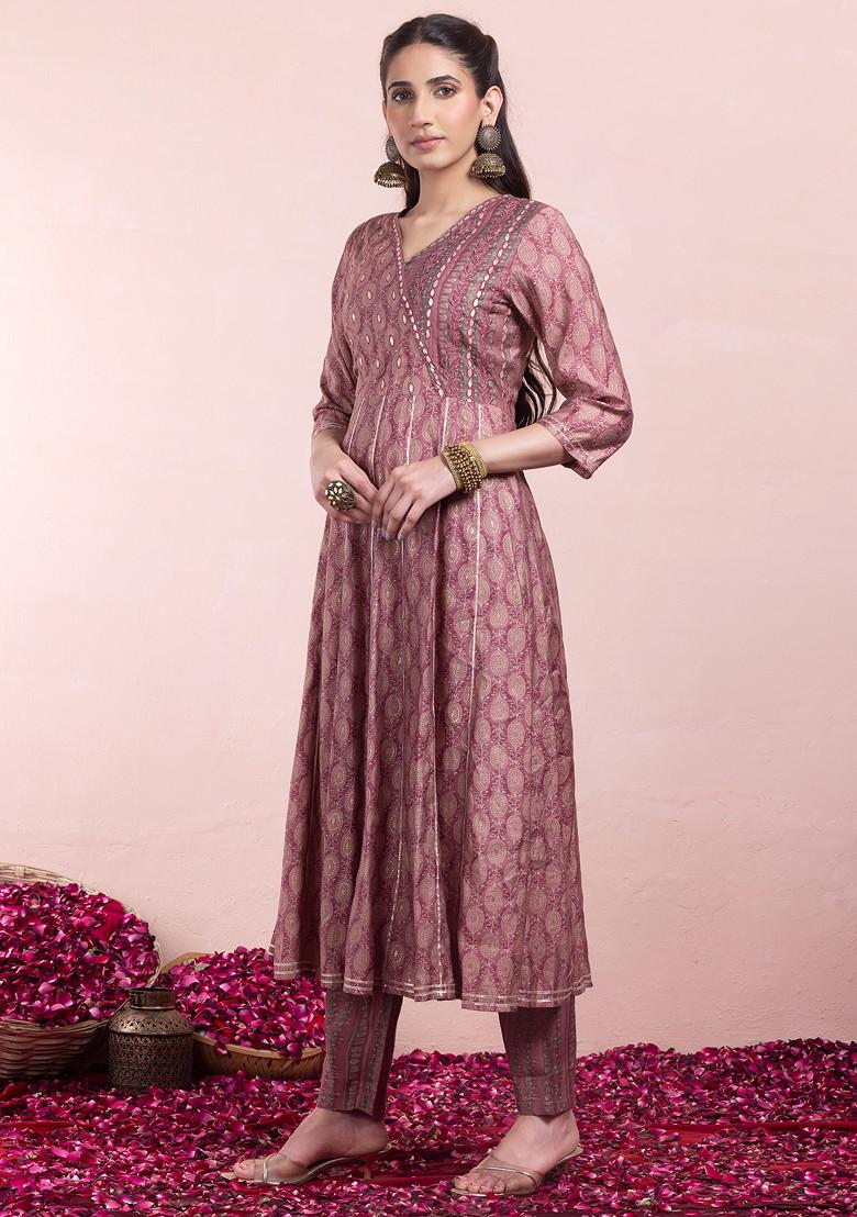 Dusty Pink Batik Print Muslin Angrakha Kurta With Pants And Dupatta (Set of 3)
