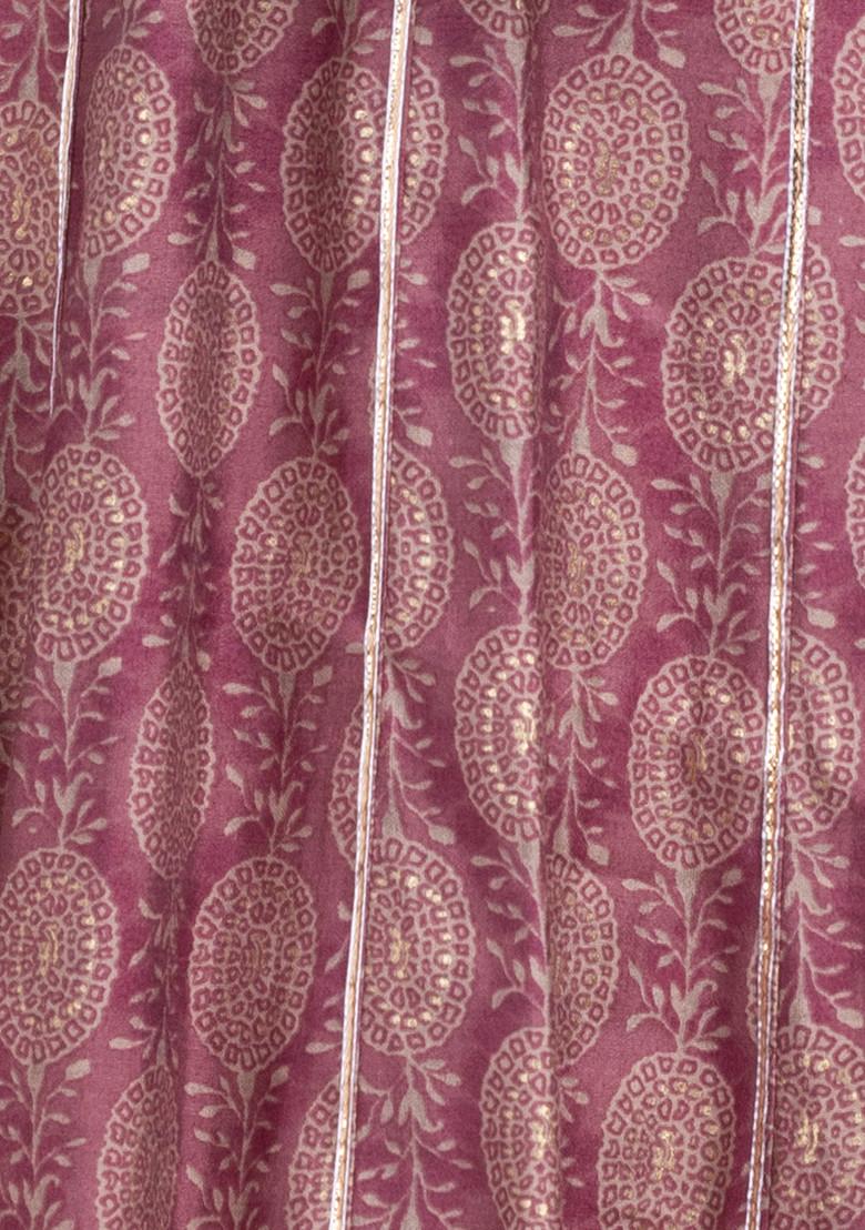 Dusty Pink Batik Print Muslin Angrakha Kurta With Pants And Dupatta (Set of 3)
